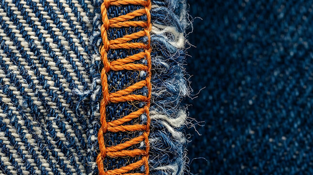 Close up of a denim seam with vibrant orange stitching connecting two different washes of blue jean fabric