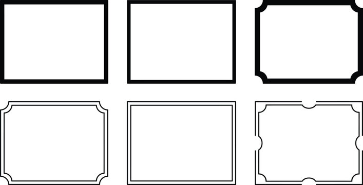 Set of six rectangular frames with various border styles including thick lines thin outlines and decorative corner notches isolated on a white background