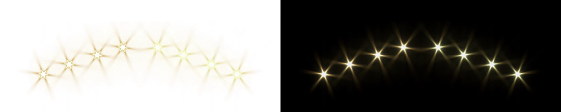 Golden Starburst Light Flare Effect, Spotlight Bulbs Array for Theater Performance and Presentation Transparent background.