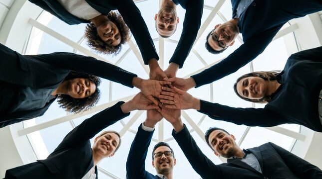 A diverse group of professionals in business attire join hands in a circle, symbolizing unity and teamwork.