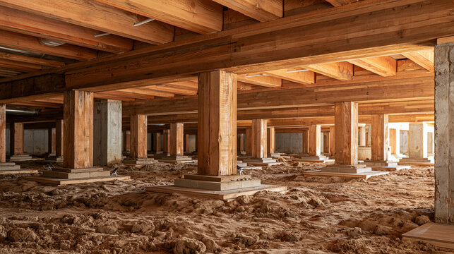 A view of wooden support beams under a house foundation with a dirt crawl space. Construction and home inspection concept for building maintenance.