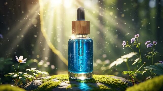 Blue serum bottle with wooden dropper on a mossy rock in a sunlit forest glade. natural skincare and botanical beauty concept