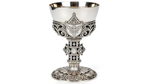Ornate Silver Chalice with Cross Emblem and Engravings