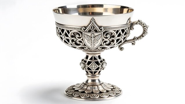Ornate Silver Gothic Chalice with Cross Emblem and Decorative Handle