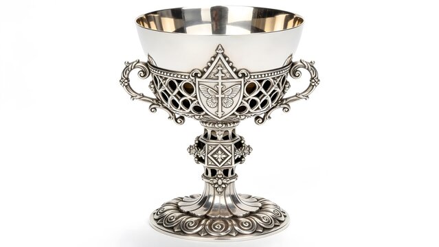 Ornate Silver Chalice with Cross Engraving and Handles