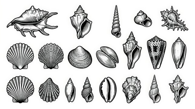 Vintage engraving seashell collection, detailed black and white sea shell illustrations, marine ocean shells vector graphics set