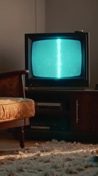 Vertical video: Beginning with cyan cross, CRT TV shifting into vertical line at home, cabinet