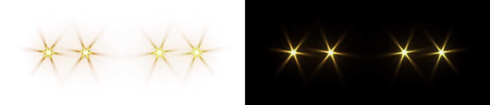 Golden Spotlight Lens Flares and Floodlight Bulbs on Transparent background, Bright Stage Lights Effect for Concert, Studio, and Event