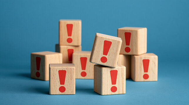 Wooden blocks with red exclamation marks stacked on blue background. This symbolizes urgent business risk, alert communication, and problem solving concept.