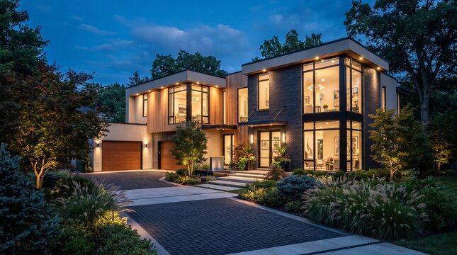 Modern luxury duplex house exterior at twilight with warm interior lighting