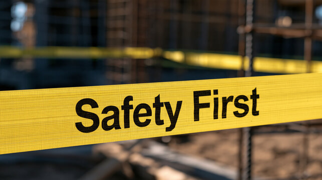 A bright yellow caution tape with the text Safety First stretches across a construction site. This symbolizes workplace risk management and industrial safety protocols.