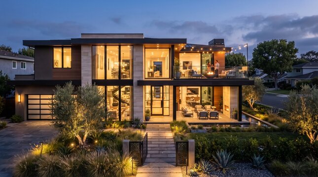 Modern luxury duplex home exterior illuminated at twilight with landscaping