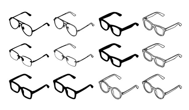 Optical eyewear vector set with isometric frames and technical reading spectacles line art