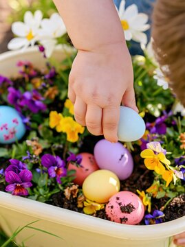 Little Child Hand Picking Colorful Easter Eggs From Flower Pot