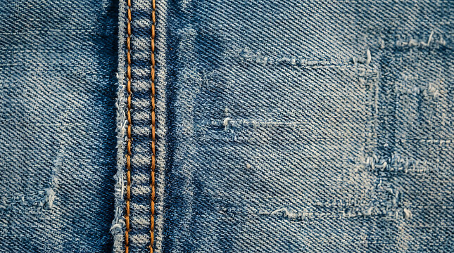 Close up of classic blue denim texture with a prominent copper colored rivet and stitching detail
