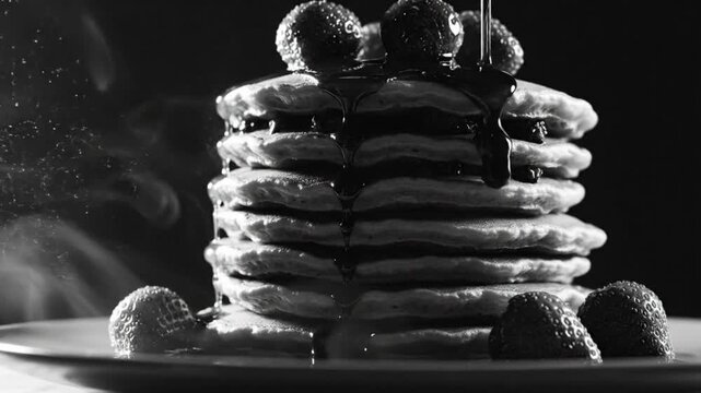 Black and white close up of a stack of pancakes with strawberries and dripping syrup on a plate