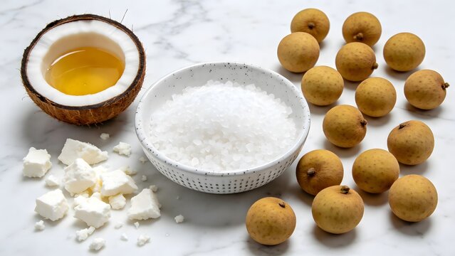 Coconut Oil, White Crystals, Coconut Pieces and Longan Fruits on Marble
