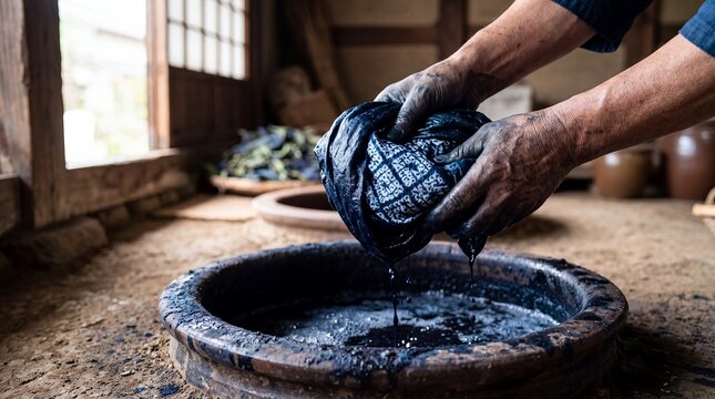 textile dyeing hands indigo fabric basin artisan traditional craft workshop hands wring indigo fabric above a clay basin for textile workshops and craft advertising and audience outreach campaigns