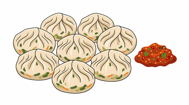 Traditional Nepalese Momo Dumplings Vector Illustration Steamed Dumpling Plate with Spicy Chutney Isolated on White   