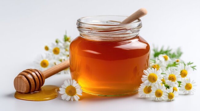 A glass jar of honey sits on a white background, surrounded by chamomile flowers.  A wooden honey dipper rests on the jar's edge, with honey dripping onto the surface