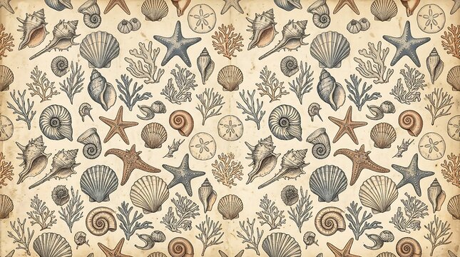 Vintage nautical seashell seamless pattern with engraved starfish and coral on aged paper