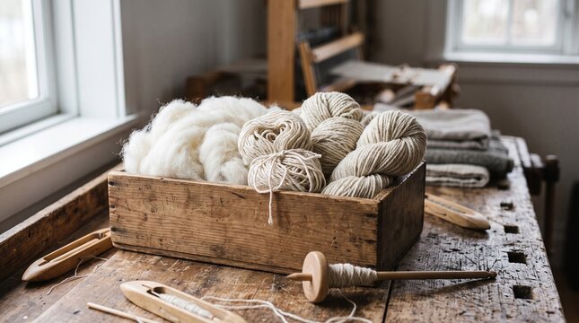Skeins of natural undyed wool yarn and raw fibers stored in wooden crate with hand spindle on artisan workbench, representing traditional textile craft and spinning tools