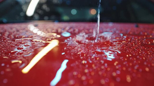 Raindrop impact on red car hood creating water crown and reflections of light during downpour