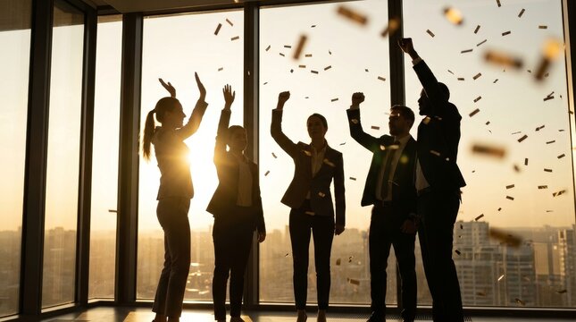 Silhouetted business team celebrating in an office with confetti and sunlight streaming in.