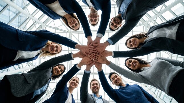 Group of professionals in a circle, stacking hands, expressing unity in a modern office setting.