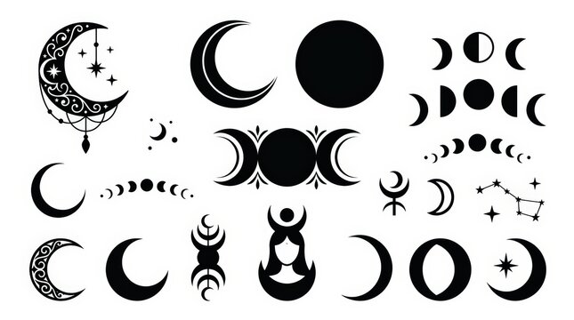 Set of mystical moon phase icons and celestial symbols for esoteric and occult design projects