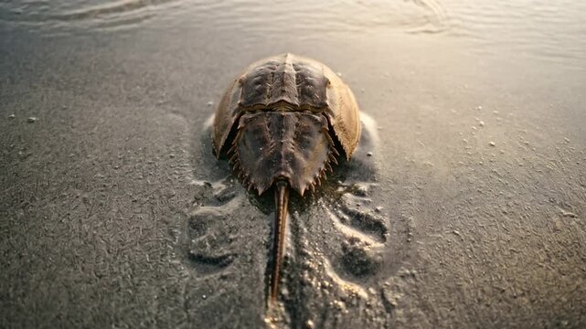 top down horseshoe crab close up at morning light in delaware bay usa video