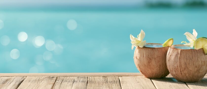 Coconut drinks with flowers on tropical beach table