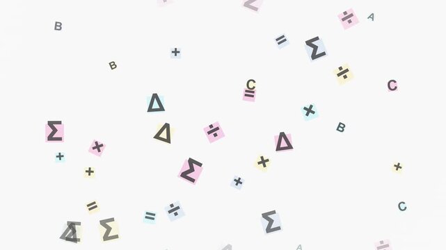 Animated abstract mathematical symbols floating on white background