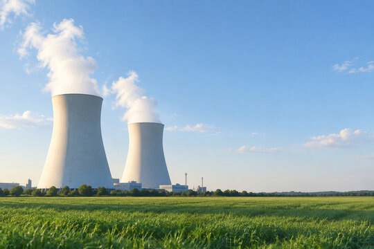 White cooling towers of nuclear power plant in rural landscape, energy production and countryside concept