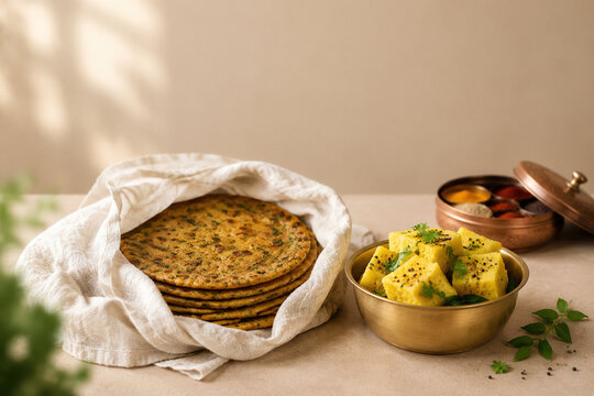 Wrapped thepla and dhokla with spice box, Indian food tradition concept