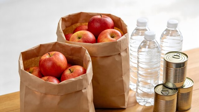 Grocery Donation with Apples, Water, and Canned Food