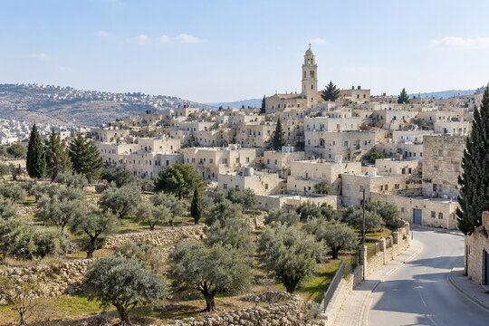 Bethlehem hillside with limestone houses, church bell tower and olive groves, winter light, quiet midday, travel and heritage concept