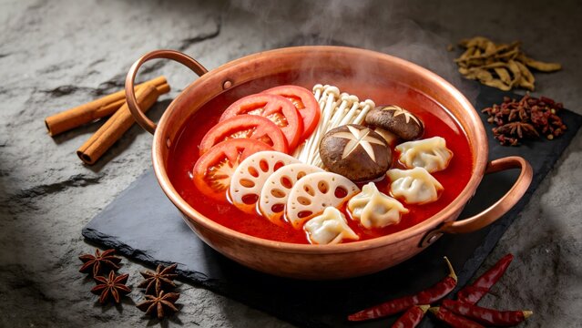 Spicy Hot Pot with Fresh Vegetables and Dumplings in Copper Pot