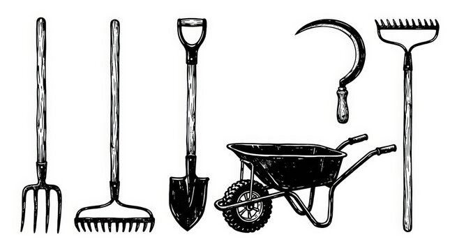 Set of vintage engraved gardening and farming tools including shovel rake wheelbarrow sickle and pitchfork isolated on white background