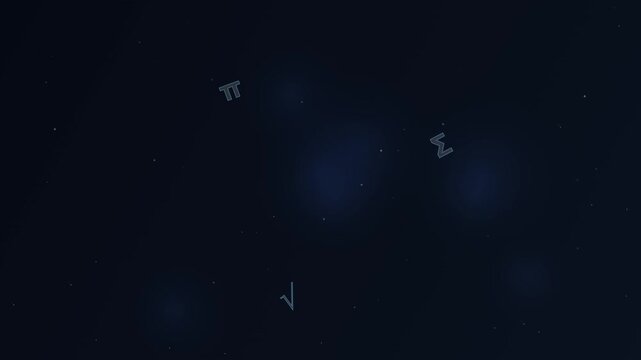 Animated mathematical symbols floating in dark cosmic space background