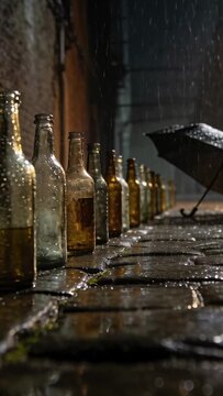 Vertical video: Shining row of glass bottles along wet stone path, catching rain near umbrella