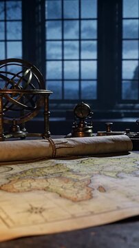 Vertical video: Pulling back camera tilting over desk, revealing map, scroll, armillary