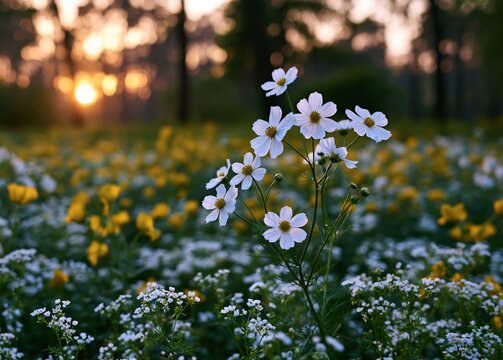 A sunlit field featuring white and yellow flowers with a blurred background, captured at sunset. The warm glow of the setting sun enhances the natural beauty of the scene.