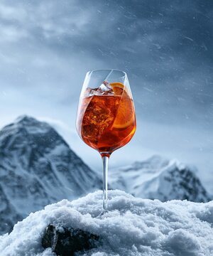 Crisp snow blankets rugged mountains under stormy skies. Glass of sparkling orange drink stands defiantly in the snow. Ice cubes and a citrus slice float within the refreshing beverage