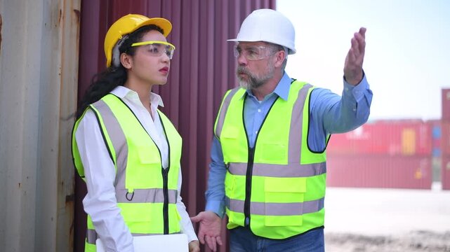 Engineers wearing safety helmets and high visibility clothing discussing logistics and inspecting shipping terminal representing container management freight.