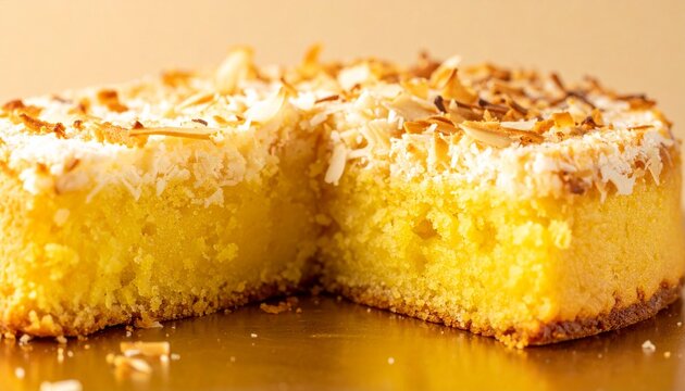 Fluffy yellow sponge. Authentic beiju de coco tropical cake showing soft texture and sweet shredded coconut layer.