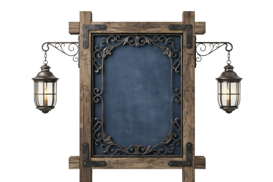 Rustic wooden signboard with ornate iron scrollwork and two hanging lanterns for exterior storefront display isolated on a transparent background