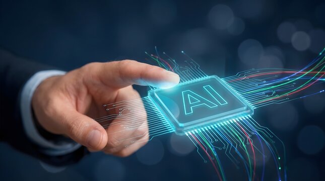 A finger pressing a glowing cyan AI microchip with intricate circuit traces and colorful data beams.