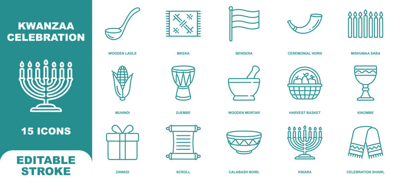 Kwanzaa celebration icon set featuring kinara, mishumaa saba, djembe, mkeka, and traditional cultural symbols in teal outline style