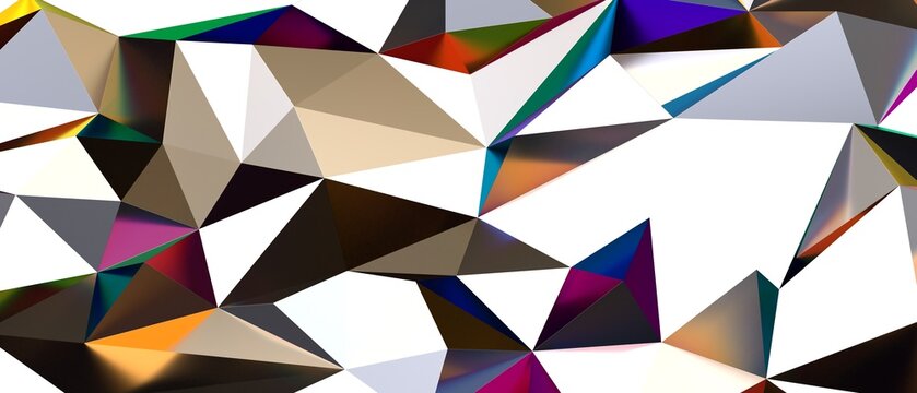 Dynamic low poly background with iridescent triangles and bright light effects.